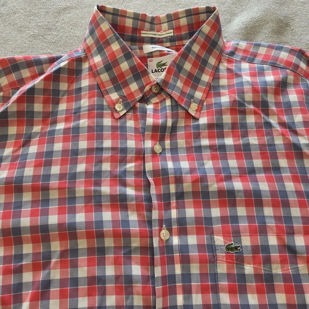 Lacoste Mens Regular Fit Plaid Button Down Shirt Pink Blue White Med Large FR 42